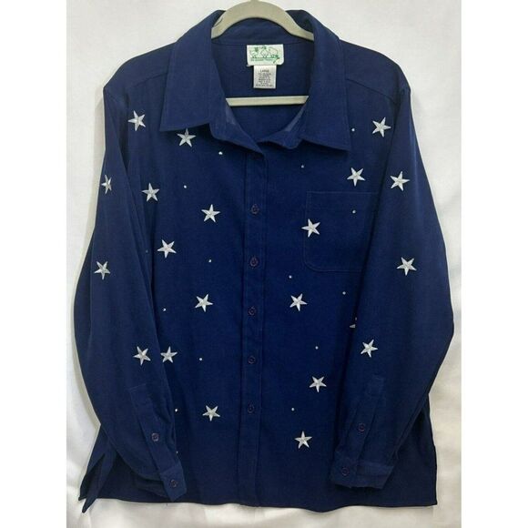 Large Quacker Factory L Velvet Velour Embroidered White Stars Blue  button up‎ - Picture 1 of 9